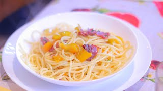 Spaghetti con straccetti di bresaola e peperoni gialli