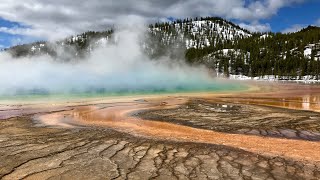 Yellowstone geysers, hot springs, rivers, waterfalls and some animals. No talking, no music.