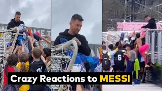 Messi surrounded by fans as he takes Thiago to Inter Miami training today