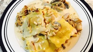 Pumpkin Ravioli with frangelico liqueur Sauce and Pine Nuts