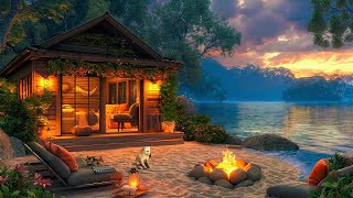 Campfire by the Lake in Summer Ambience at Sunset with Calm Jazz Instrumental Music for Study, Focus