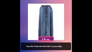 Navy Blue Denim Color-block Wide Leg Jeans High Waist New Loose Women Trousers Fashion Tide Sprin...