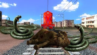 CRAZY ANGRY ANACONDA TRY TO EAT SLEEPING ELEPHANT AT UNMANNED LEVEL CROSSING INDIAN TRAIN SIMULATOR