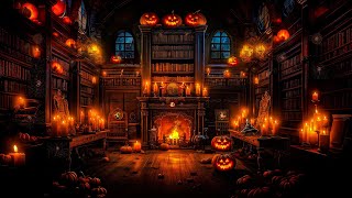 Old Library Halloween Ambience | Rain and Thunderstorm Sounds, Crackling Fireplace on Study Ambience