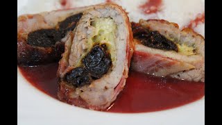 Prune and Cheese Stuffed Pork Loin wrapped with bacon with Red Wine Sauce Recipe