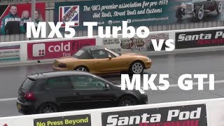 Mazda MX5 1.8i Turbo vs VW Golf GTi Mk5 - 1/4 Drag Race JapShow 2018