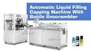 ZONESUN ZS-FAL180F3 Small Bottle Cosmetics Liquid Filling Capping Machine With Bottle Unscrambler