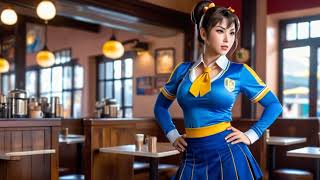 Chun-Lis Enchanting Schoolgirl Uniform Display in a Cozy Café | AI Fashion lookbook