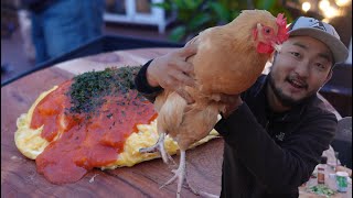 Omurice Made with Fresh Eggs, Garden Vegetables, and Freshly Caught Crab