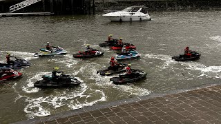 Jetskis getting led out at Blankenberge BK Offshore racing .seadoo , Yamaha and Kawasaki aqua bikes