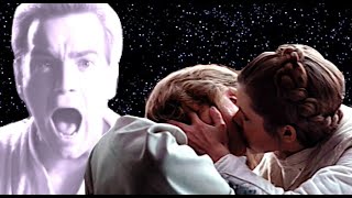 Obi-Wan's force ghost reacts to Luke and Leia's kiss.