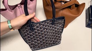 A comparison between the Goyard mini Anjou and the Hermes Picotin size 22 (MM) and 16 (PM)