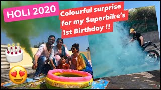 HOLI Special - Colourful surprise for my Superbike’s 1st Birthday 🎂🏍 | #Holi #Holi2020