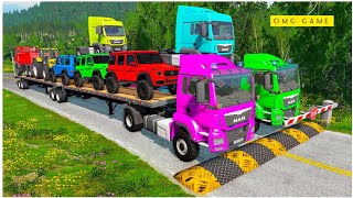 Double Flatbed Trailer Truck vs speed bumps Busses vs speed bumps|Beamng Drive 11