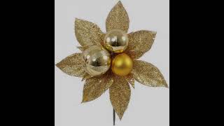 Pack of 12 Gold Glitter Christmas Ornament Poinsettia Pick 5 x 5 with 3 Glittered, Matte and Shiny