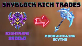 OMG!😍CONVERTING NIGHTMARE SHIELD TO NEW SCYTHE SKYBLOCK HOW TO GET RICH TRADES (PART-1)