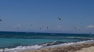 Kitesurfers in Agios Ioannis (Lefkada), July 2021.