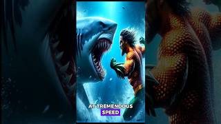 Aquaman faces off against a massive black shark in the depths of the Arctic Sea