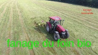 fanage du foin bio avec le case maxxum 125 et la faneuse claas 4 toupie 2019