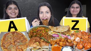 A to Z Alphabet Name Food Challenge | Dosa Pizza, Spicy Momos, Chowmein, Vada Pav, Chowmein Taco etc