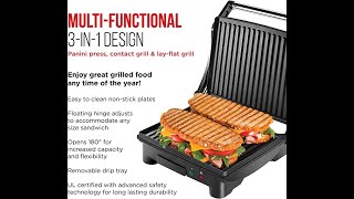 Chefman Panini Press Grill and Gourmet Sandwich Maker Non Stick Coated Plates Opens 180 Degrees