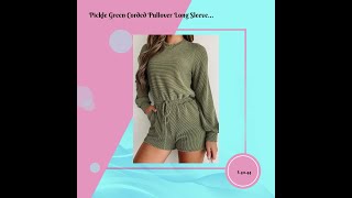 Pickle Green Corded Pullover Long Sleeve DrawstringWomens Romper