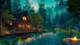 Peaceful Summer Night by the Lake Smooth Jazz Music with Crackling Fire - Relaxing Swing Jazz Music