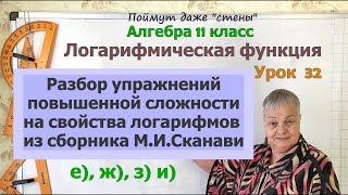 Упражнения е-и повышенной сложности на свойства логарифмов из сборника М.И.Сканави. Алгебра 11 класс