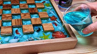 Ocean Chess of Oak and Epoxy with LED and Floating Effect