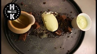 Fudge brownie, matcha sorbet,  cherry and chocolate soil