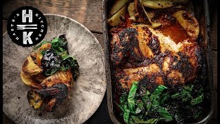 Harrisa Spatchcock Chicken with smoked garlic wedges #Ad