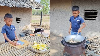 Adorable little chef Heng fried broccoli recipe , Rural life cooking