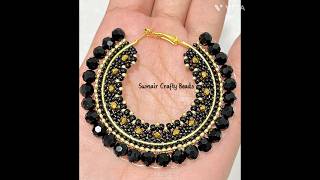 Black and Gold Crystals Beaded Hoop Earrings.