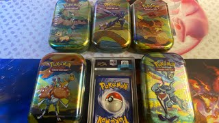 Pokémon mini tins/ 1999 PSA 9 Shadowless Slab Giveaway!!