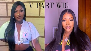 NO LACE, NO GLUE!! Super Natural V Part Straight Human Hair Glueless Wig Ft. Nadula Hair 🖤