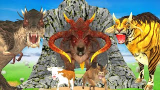 Prehistoric Animals Monster Dinosaur vs Mammoth Elephant Fight Cow Cartoon Bull Saved By Mammoth