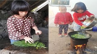 Adorable little sister cooking food , Rural life village little chef