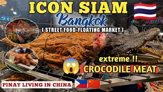 THAI FOOD - GIANT GRILLED CROCODILE MEAT, THAILAND STREET FOOD INDOOR FLOATING MARKET ICON SIAM