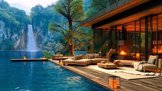 Relaxing Jazz Instrumental Music to Sleep - Soothing Summer Ambience with Fireplace & Waterfall view