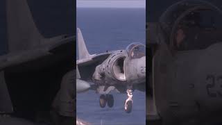 Vertical takeoff landing STOVL with an AV 8B Harrier jet aboard USS Bonhomme Richard LHD 6