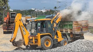 Jcb 3dx Loading Small Stone 3 Truck Cat 424B Levelling Tata Ex70 Working together New Railway Track