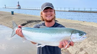 FIRST Summer Steelhead of 2022! + Jigging MADNESS - Great Lakes Pier Fishing