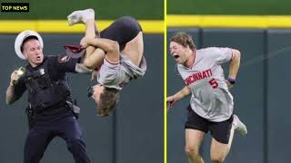 Wacky Scene 😀 MLB Fan Runs Onto Field, Backflips During Reds vs Guardians Game