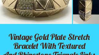 Vintage Gold Plate Stretch Bracelet With Textured And Rhinestone Triangle Links