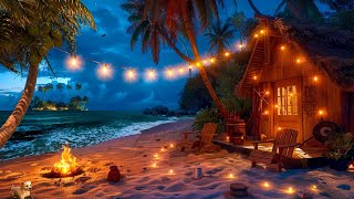 Relaxing Jazz Piano Music 🎵 Cozy Beach Cabin at Night with Gentle Waves & Campfire for Study, Relax