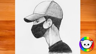 Easy drawing || How to draw a man with hat || Boy with face mask pencil drawing