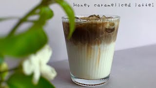 Iced honey caramel latte at home with instant coffee