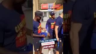 Barca players are on the way for the parade in streets of Barcelona 2018 DOUBLET