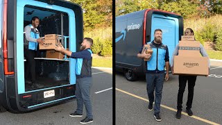 Richard Sherman and Ryan Fitzpatrick drive Amazon’s custom electric vans for a day of deliveries