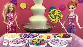 Elsa Anna Challenge -Episode 17 - Barbie Chocolate Fountain Giant Lollipop Challenge + Doctor!